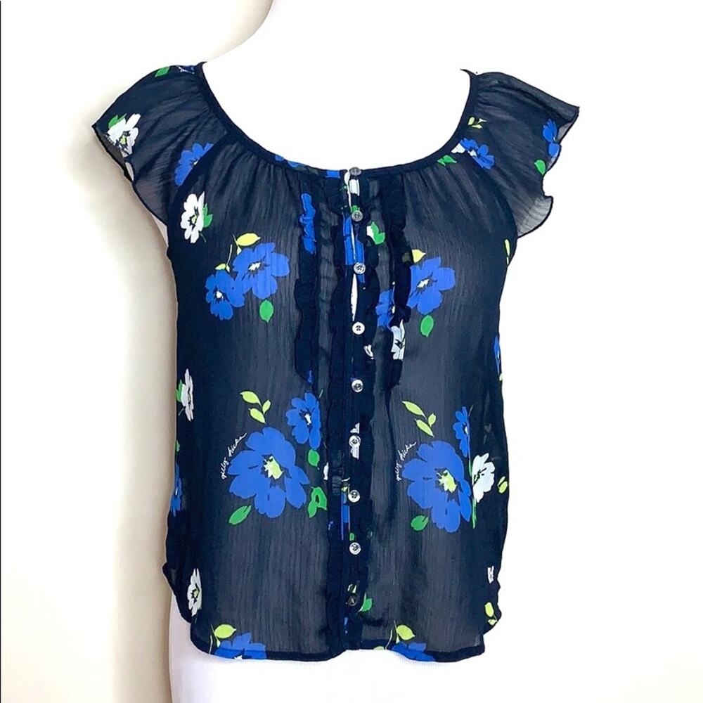Gilly Hicks Navy Sheer Floral Top Size XS